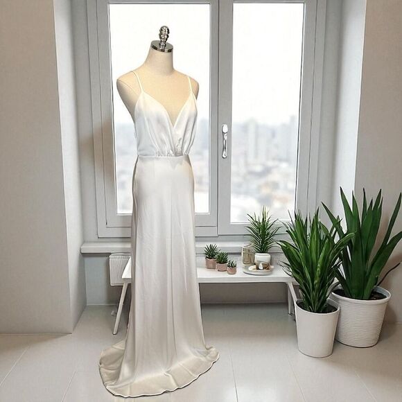 NWT Ramy Brook $595 Vick V-Neck Satin Gown Ivory Size 6 – Drained V-Neck, Open B - Picture 4 of 12